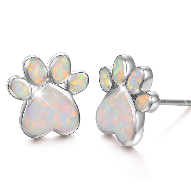 Ladytree S925 Sterling Silver Jewelry Puppy Dog Cat Pet Paw Print White Simulated Opal Stud Earrings - Image 1